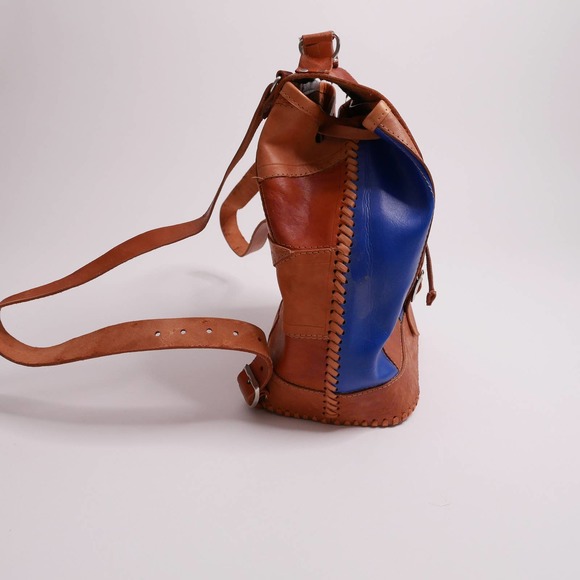 vintage leather backpack | Vintage Mexican patchwork camel tan leather  boho - Picture 3 of 9